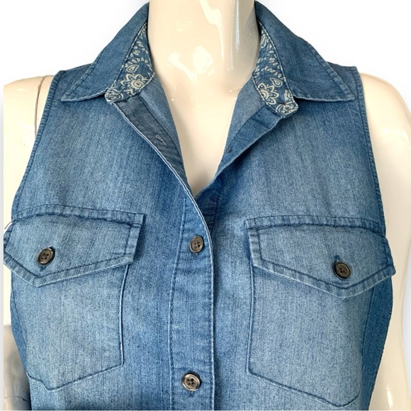 G. KALE SLEEVELESS COTTON BLEND DENIM SHIRT DRESS. WOMEN’S PETITE LARGE - Picture 5 of 9